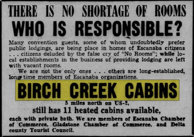 Birch Creek Cabins - Apr 22 1949 Ad (newer photo)